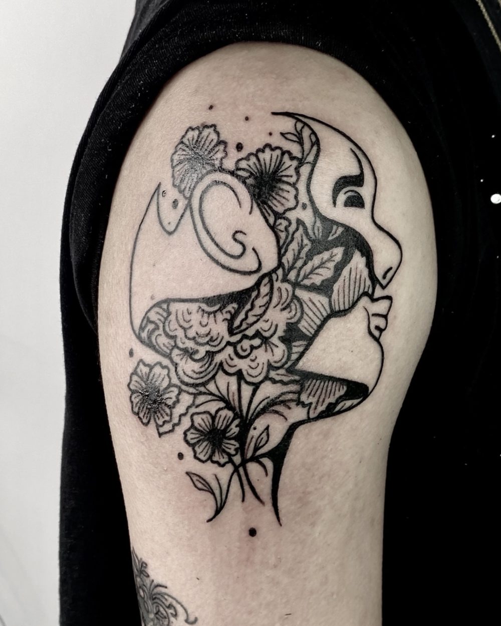 Kingfisher on a blossom branch, fine blackwork on a ribcage